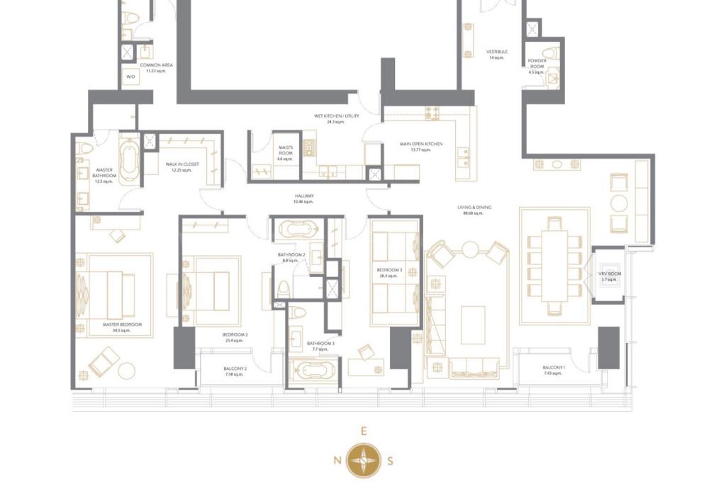 Floor plan of 3-bedroom condo unit at Horizon Homes