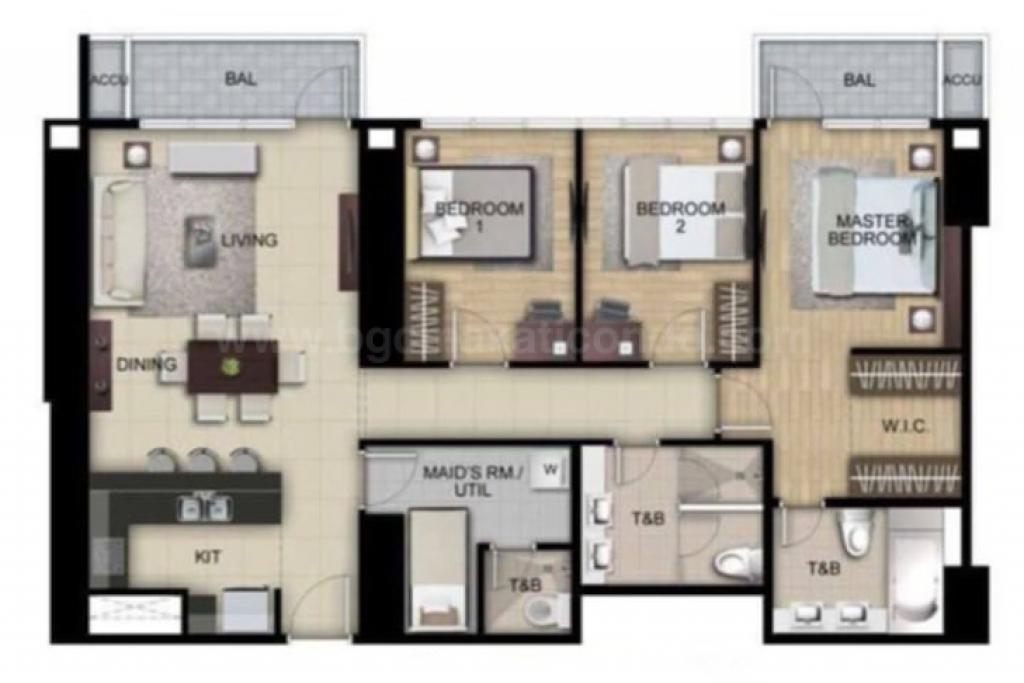 Floor plan of 3-bedroom unit at Uptown Parksuites tower 2